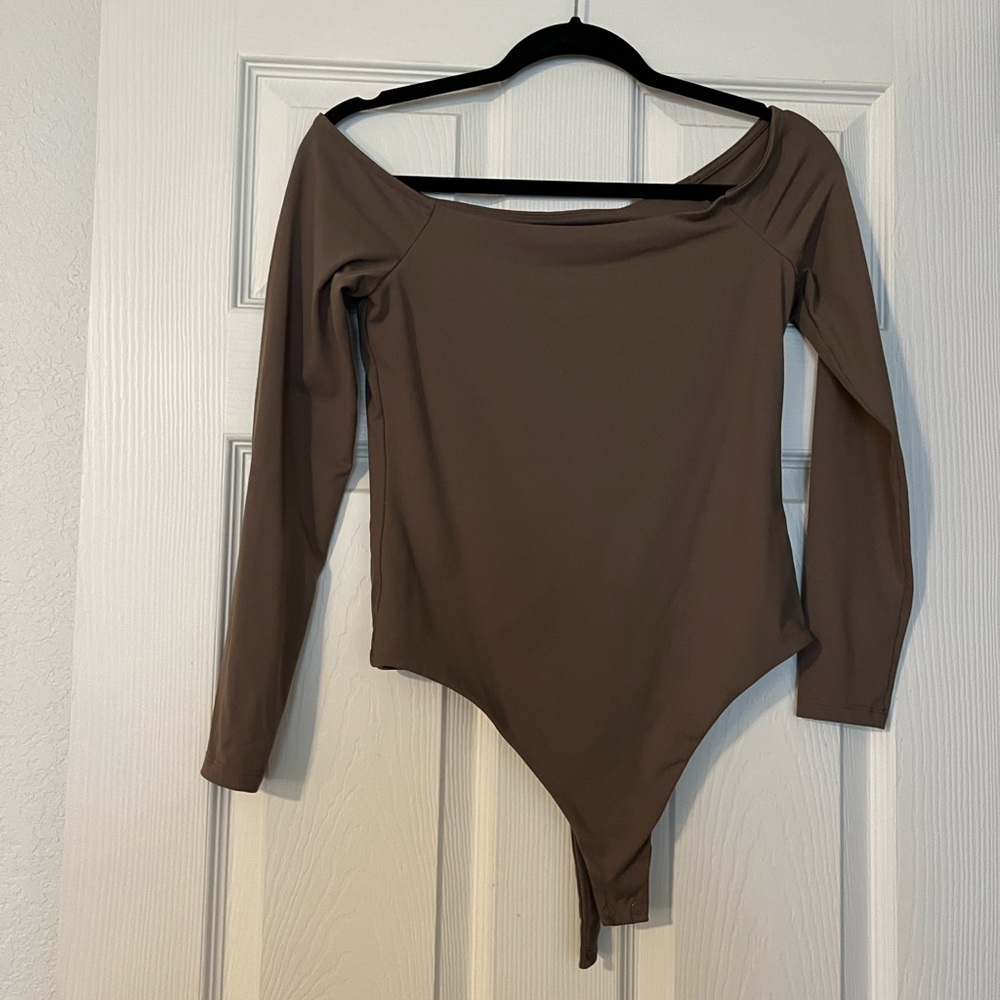 Nuuds Mocha Off the Shoulder Long Sleeve Bodysuit